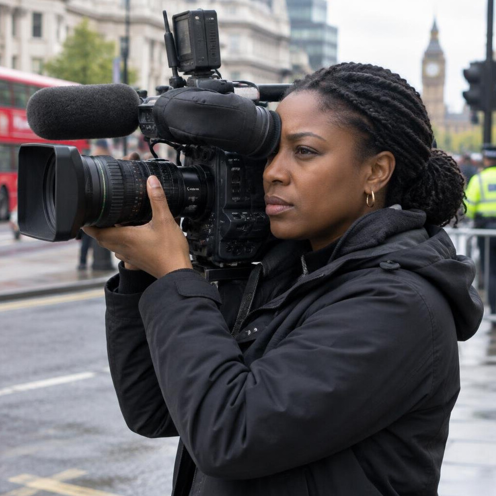 Camera operator filming with a professional broadcast video camera on location