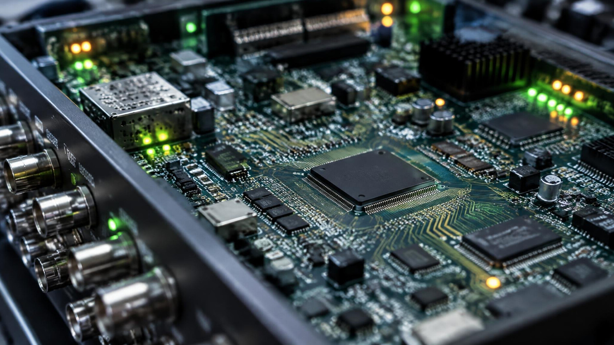 Close-up of electronic circuit board representing signal processing hardware