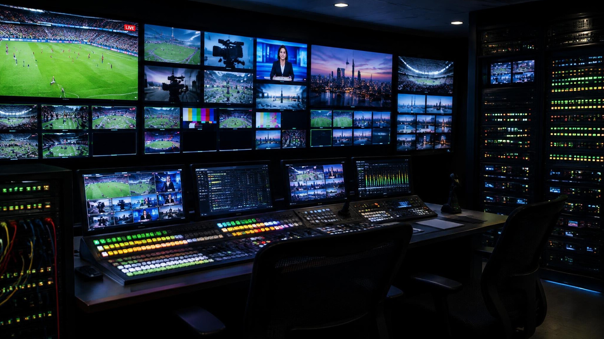 Broadcast control room with rows of monitors and signal routing equipment